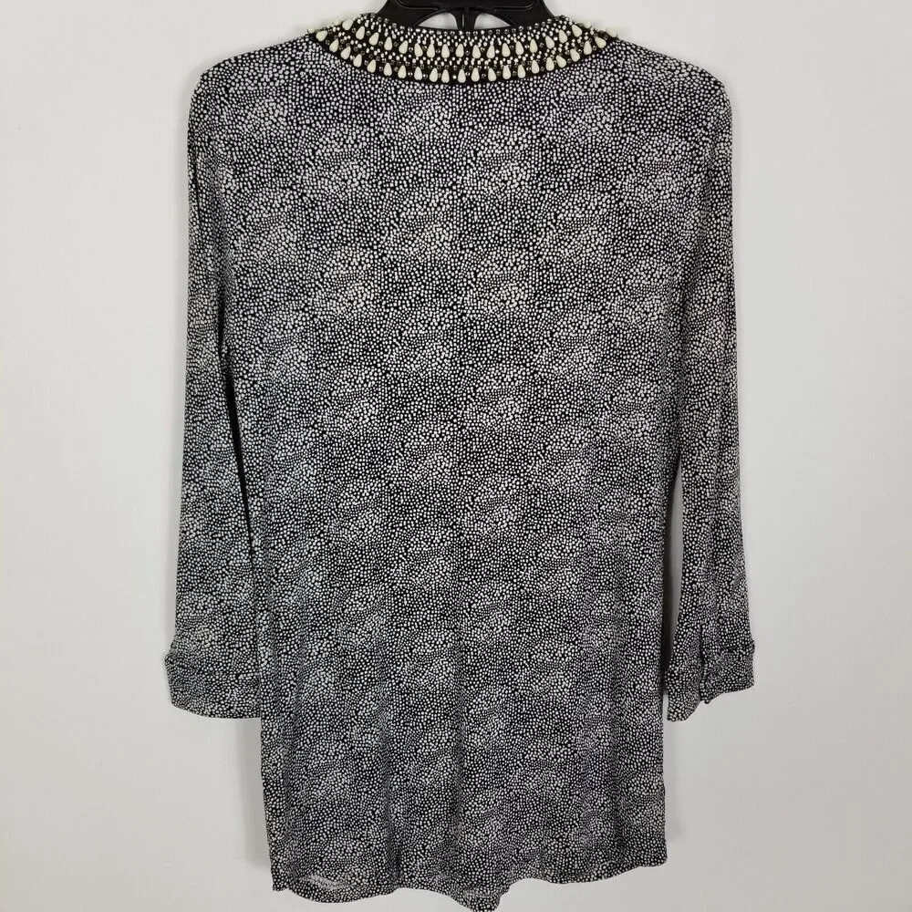 Tory Burch Women Beaded Neckline Blouse Top Sz S Navy White Printed Jersey‎